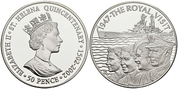 Остров Святой Елены 50 пенсов 2002 серия 500 лет открытия Америки, королевский визит 1947 года, тираж 5000 экз. KM 29а серебро PROOF 1095-10-33
