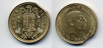 ИСПАНИЯ 1 ПЕСЕТА 1966 (71) ФРАНСИСКО ФРАНКО ДИКТАТОР ИСПАНИИ (1939-1975), БРАК КРУЖКА КМ 796 алюминиевая бронза 54-1712