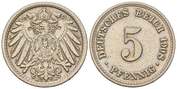 Германия 5 пфеннигов 1908 A KM 11, J. 12 медно-никель 3955-1252