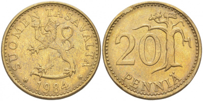 ФИНЛЯНДИЯ 20 ПЕННИ 1984 N KM 47 алюминиевая бронза 3853-1217
