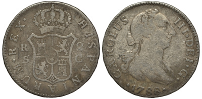 Испания 2 реала 1788 С, мондвор S, SL (Севилья), Карлос III (1759-1788) KM 412.2 (C38.2) серебро 650-933