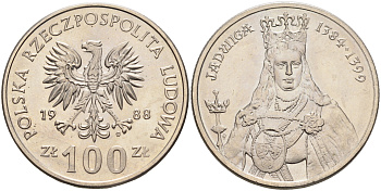 Польша 100 злотых 1988 MW, серия Польские правители, королева Ядвига (1384-1399) KM 183 медно-никель  UNC  4149-241