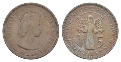 Кипр 5 милей 1955 Елизавета II (1952-2022) KM 34 бронза 4648-1013