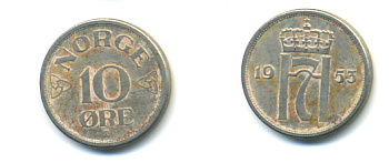 НОРВЕГИЯ 10 ЭРЕ 1953 ХОКОН VII KM 396 медно-никель 89-321