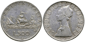 Италия 500 лир 1958 R, корабли Колумба KM 98 серебро 4178-944