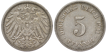 Германия 5 пфеннигов 1911 A KM 11, J. 12, Weege 6 медно-никель 25-1846