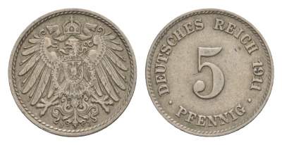 Германия 5 пфеннигов 1911 J, Вильгельм II (1888-1918) KM 11, J. 12 медно-никель 4640-137
