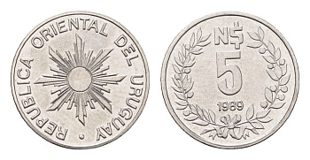 Уругвай 5 новых песо 1989 KM 92 нержавеющая сталь UNC 4684-1246