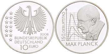 ФРГ 10 евро 2008 F, 150 лет со дня рождения Макса Планка KM 272, DE.S. 10.35 серебро PROOF 413-531