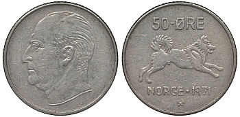 Норвегия 50 эре 1971 Улаф V (1957-1991), собака KM 408 медно-никель 4128-1135