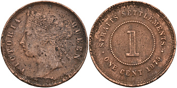 Стрейтс-Сетлментс 1 цент 1875 Виктория (1837-1901), Ост-Индская компания KM 9 медь 4590-425