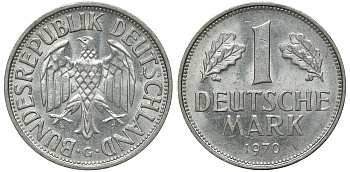 ФРГ 1 МАРКА 1970 G, KM 110, J. 385 медно-никель aUNC 72-816