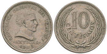 Уругвай 10 сентесимо 1953 KM 35 медно-никель 4602-639