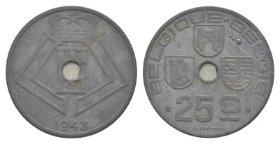 Бельгия 25 сантимов 1943 Belgique - Belgie, Леопольд III (1934-1947), германская оккупация, Вторая мировая война KM 131 цинк 4619-1025