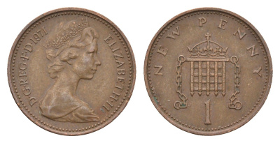 Великобритания 1 пенни 1971 Елизавета II (1952-2022) KM 915, Spink 4237 (B1) бронза 4697-931