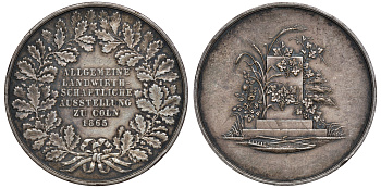 Германия медаль 1865 выставка в Кельне 41,28 мм, 36,25 гр бронза, посеребрение   1095-7-11