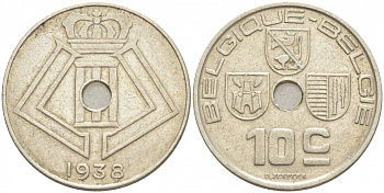 БЕЛЬГИЯ 10 САНТИМОВ 1938 BELGIQUE-BELGIE KM 112 никель латунь 68-223