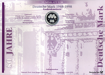 ФРГ 10 марок 1998 F, 50 лет марке ФРГ, КАРТОННЫЙ БУКЛЕТ, ОФИЦИАЛЬНЫЙ ВЫПУСК НЕМЕЦКОЙ ПОЧТЫ (DEUTSCHE POST) KM 195 серебро PROOF 4044-1211