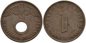 Германия 1 рейхспфенниг 1937 D KM 89, J. 361 бронза 192-964