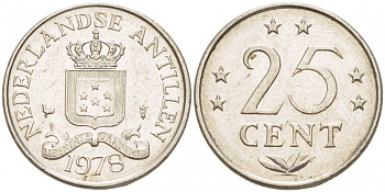 Нидерландские Антилы 25 центов 1978 Юлиана (1948-1980) KM 11 никель 3309-626
