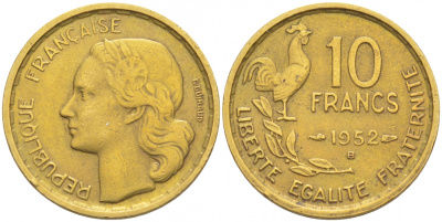 Франция 10 франков 1952 B, петух KM 915.2, Le Franc 363.5 алюминиевая бронза 187-158