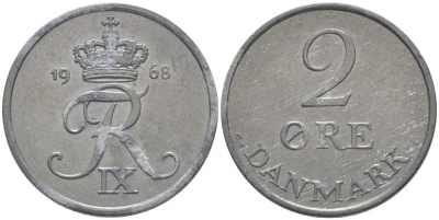 ДАНИЯ 2 ЭРЕ 1968 C;S, ФРЕДЕРИК IX (1947-1972) KM 840,2 цинк 202-714
