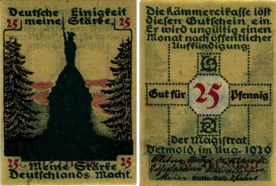 ДЕТМОЛЬД, ЛИППЕ, ГЕРМАНИЯ 25 ПФЕННИГОВ 1920 НОТГЕЛЬД, АВГУСТ 1920, ЗЕМЛЯ СЕВЕРНЫЙ РЕЙН-ВЕСТФАЛИЯ, НОМЕР КОРИЧНЕВЫЙ ARNOLD KELLER 268.1e бумага 7523-54-2-1