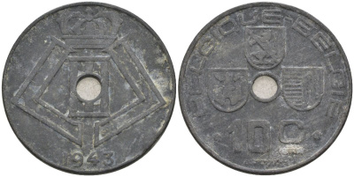 Бельгия 10 сантимов 1943 Belgique-Belgie, германская оккупация KM 125 цинк 4126-151