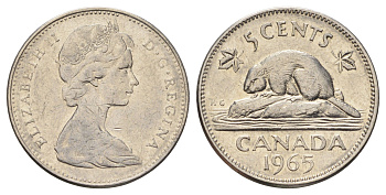 Канада 5 центов 1965 Елизавета II (1952-2022), бобр KM 60.1 никель 4689-345