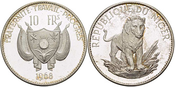 Нигер 10 франков 1968 лев, с чертой над Е, в слове Republique, тираж 1000 экземпляров KM 8.1 серебро PROOF 02-073-11