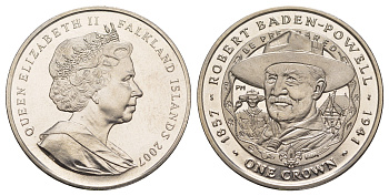 Фолклендские острова 1 крона 2007 Великие Британцы - Роберт Баден-Пауэлл KM 148 медно-никель BU 11-275-12