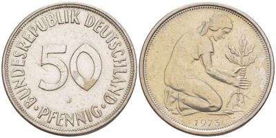 ФРГ 50 ПФЕННИГОВ 1975 J, KM 109.2, J. 384 медно-никель 4532-326