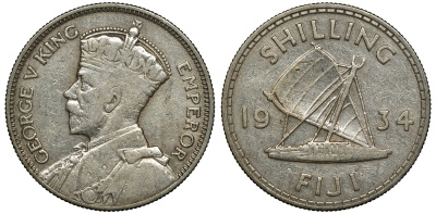 Фиджи 1 шиллинг 1934 Георг V (1910-1936), парусник KM 4 серебро 91-956