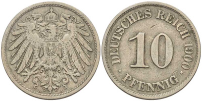 Германия 10 пфеннигов 1900 A KM 12, J. 13 медно-никель 175-157
