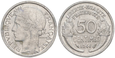 ФРАНЦИЯ 50 САНТИМОВ 1941 ТИП MORLON LOURDE KM 894.1a, LE FRANC 193.2 алюминий 44-169