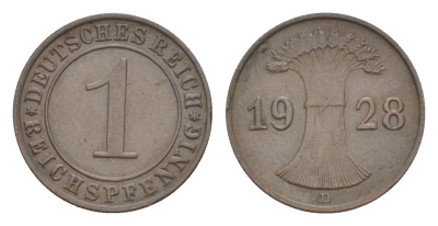 Германия 1 рейхспфенниг 1928 D KM 37, J. 313 бронза 4644-1039