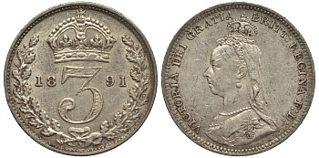 Великобритания 3 пенса 1891 Виктория (1837-1901) KM 758, Spink 3931 серебро 4528-366