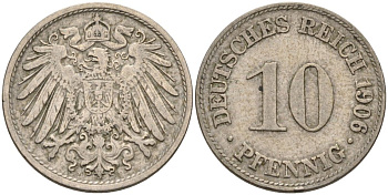 Германия 10 пфеннигов 1906 D KM 12, J. 13 медно-никель 4575-614