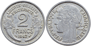 Франция 2 франка 1947 KM 886а.1 алюминий 4397-742