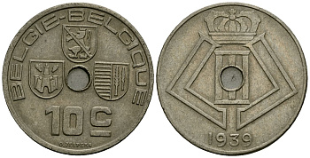 Бельгия 10 сантимов 1939 Belgie - Belgique KM 113 никель латунь 4121-652
