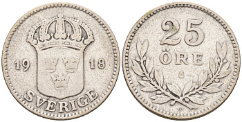Швеция 25 эре 1918 W, Густав V (1907-1950) KM 785 серебро 4380-136