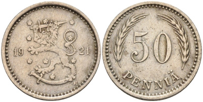 Финляндия 50 пенни 1921 Н KM 26 медно-никель 192-613