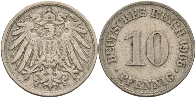 Германия 10 пфеннигов 1906 D KM 12, J. 13 медно-никель 4575-614