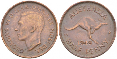 Австралия 1/2 пенни 1949 p, Георг VI (1936-1952), кенгуру KM 42 бронза 77-646