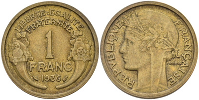 Франция 1 франк 1936 KM 885, Le Franc 219.2 алюминиевая бронза 4142-833