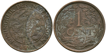 Нидерланды 1 цент 1941 Вильгельмина (1890-1948) KM 152 бронза 4576-1153