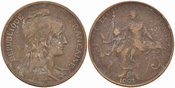 ФРАНЦИЯ 5 САНТИМОВ 1901 ТИП ДАНИЭЛЬ ДЮПЮИ KM 842, LE FRANC 119.11 бронза 108-827