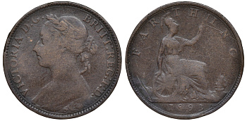 Великобритания 1 фартинг 1893 Виктория (1837-1901) KM 753, Spink 3958 бронза 4609-1036