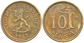 Финляндия 10 пенни 1967 S KM 46 алюминиевая бронза 4174-925