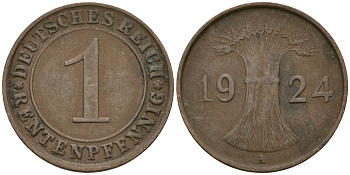 Германия 1 рентенпфенниг 1924 A KM 30, J. 306 бронза 4608-268
